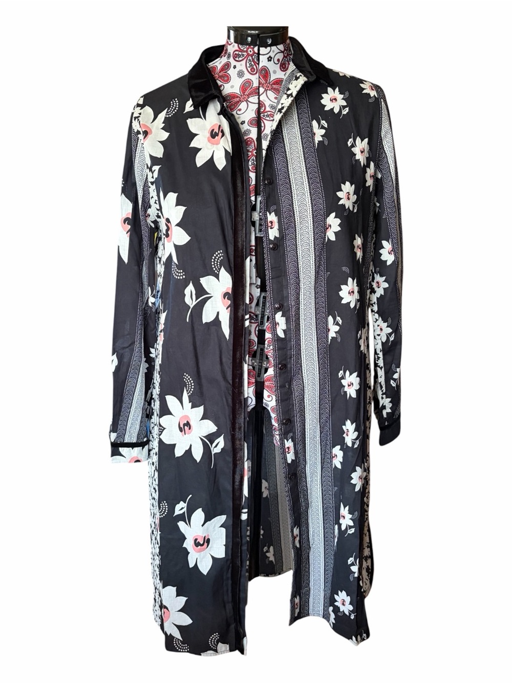 NWT Ayou Original Mixed Print Cotton Duster Jacket Dress Floral Stripe Black XL